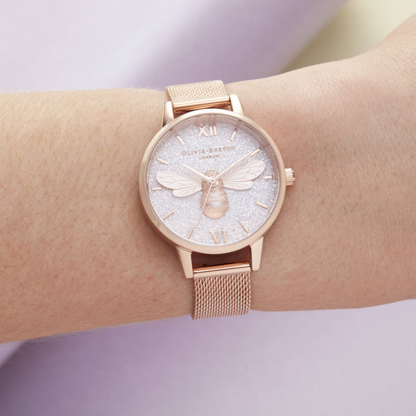 Glitter Dial Lucky Bee & Rose Gold Mesh Watch