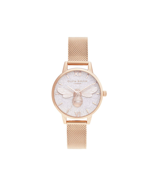 Glitter Dial Lucky Bee & Rose Gold Mesh Watch