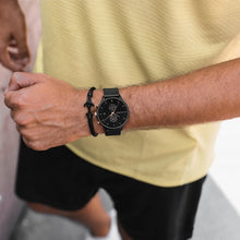 Load image into Gallery viewer, Chrono Black Sunray Rose Gold & Black Mesh Watch