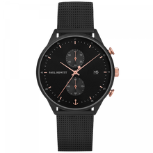 Load image into Gallery viewer, Chrono Black Sunray Rose Gold & Black Mesh Watch