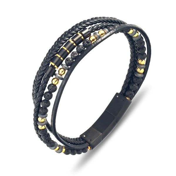 Stainless Steel Black Multi Leather Bracelet With Lava Beads & Gold Detail