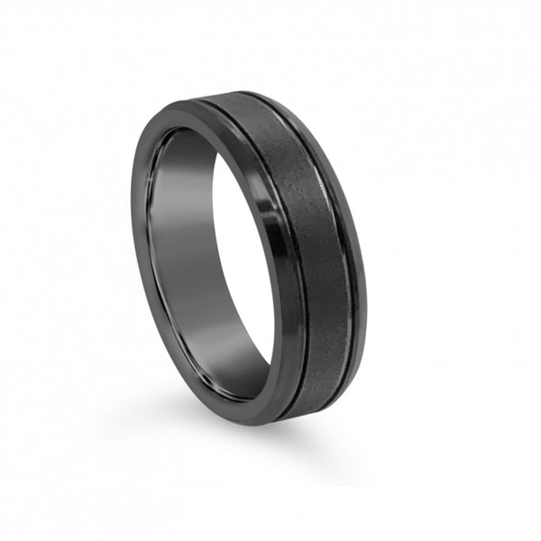 Black Tungsten Men’s Brushed Black Ring With Beveled Edges