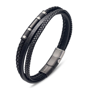 Black Leather Triple Bracelet With Steel Detailing