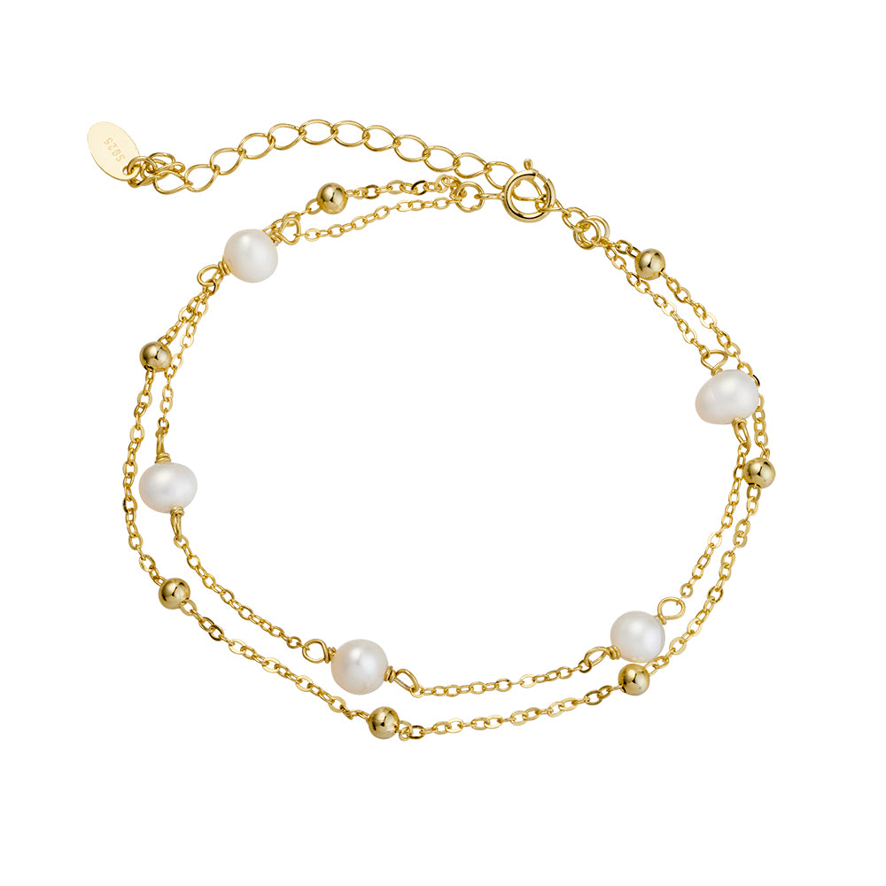 Gold Plate Multi Layer Pearl & Ball Bracelet