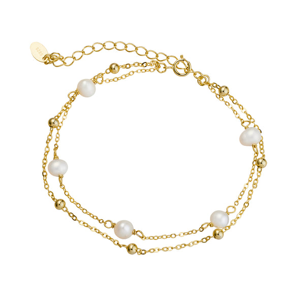 Gold Plate Multi Layer Pearl & Ball Bracelet