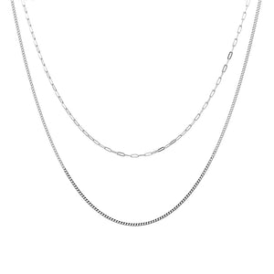 Silver Petite Multi Layer Paperclip Link & Fine Curb Chain Necklace