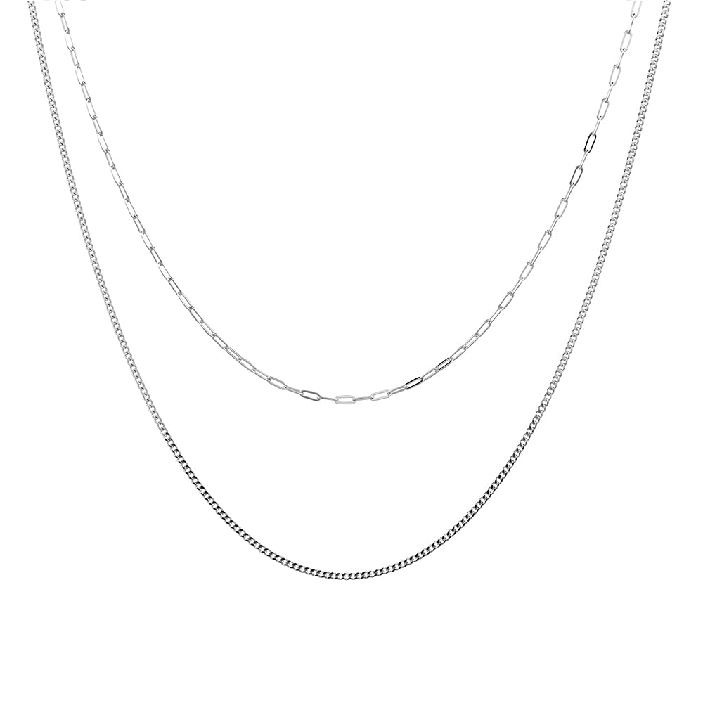 Silver Petite Multi Layer Paperclip Link & Fine Curb Chain Necklace