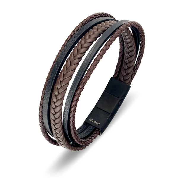 Multi Strand Black & Brown Leather Braceler