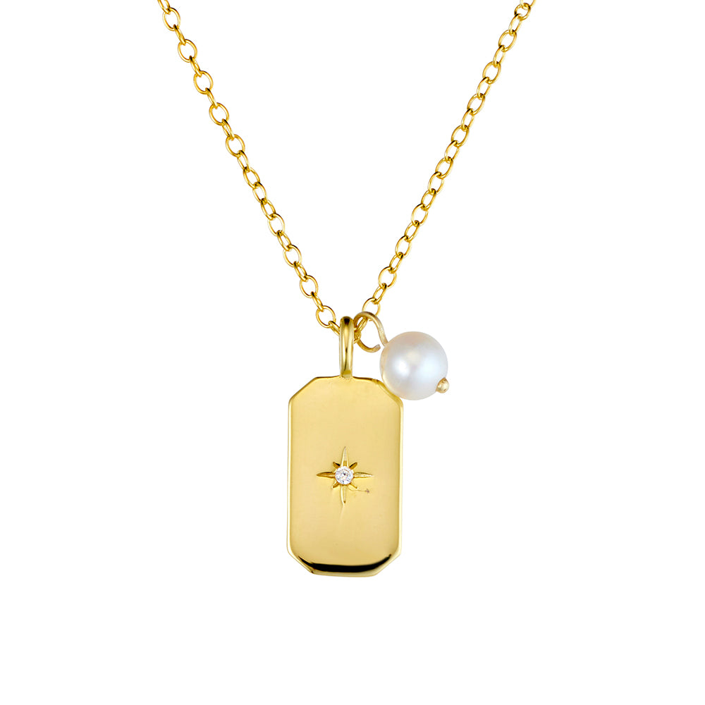 Gold Rectangle Pendant Featuring CZ & Floating Pearl Neclace