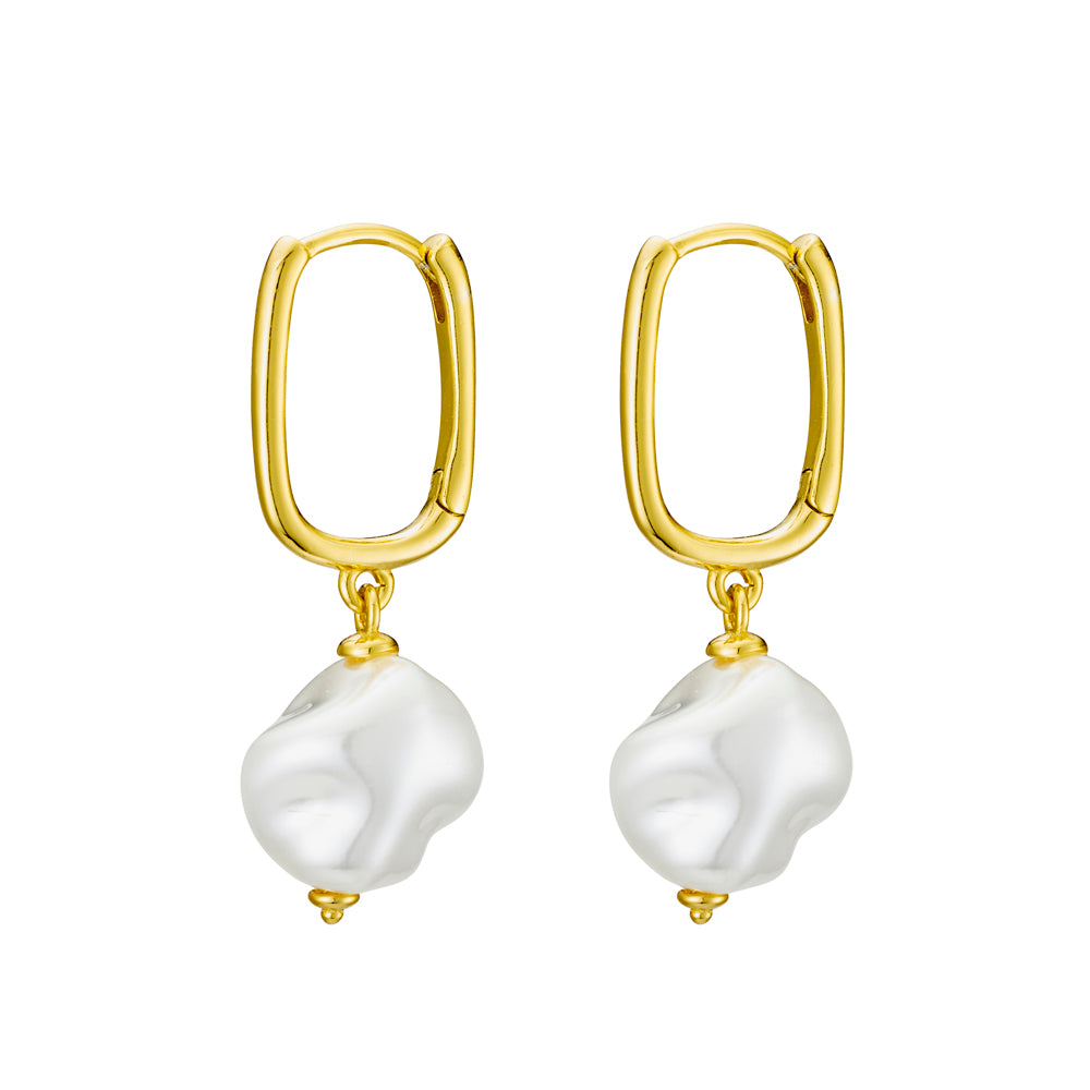 Gold Pearl Drop Paperclip Huggie Earrinngs