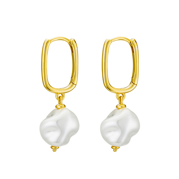 Gold Pearl Drop Paperclip Huggie Earrinngs