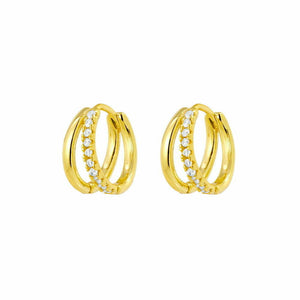 Gold Double Hoop Huggie Earrings With CZ Detail