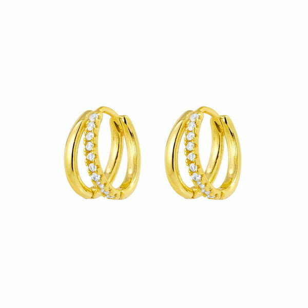 Gold Double Hoop Huggie Earrings With CZ Detail