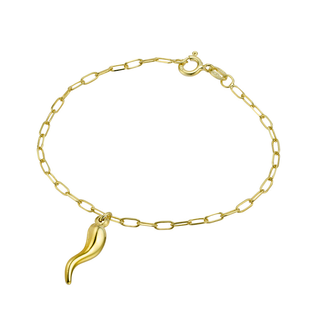 Gold Plate Petite Paperclip Link Bracelet With Cornicello Charm