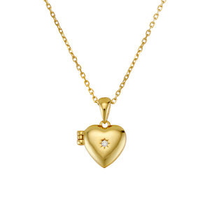 Gold CZ Heart Locket Necklace