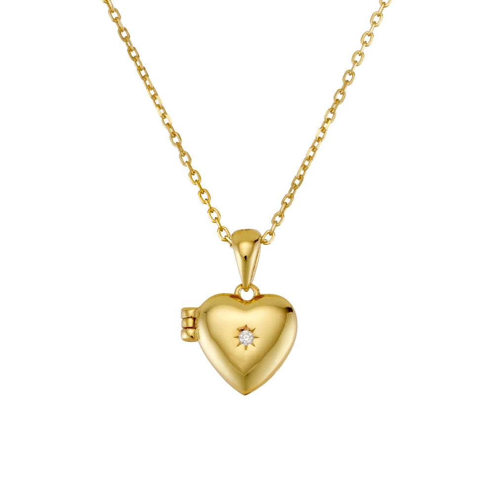 Gold CZ Heart Locket Necklace