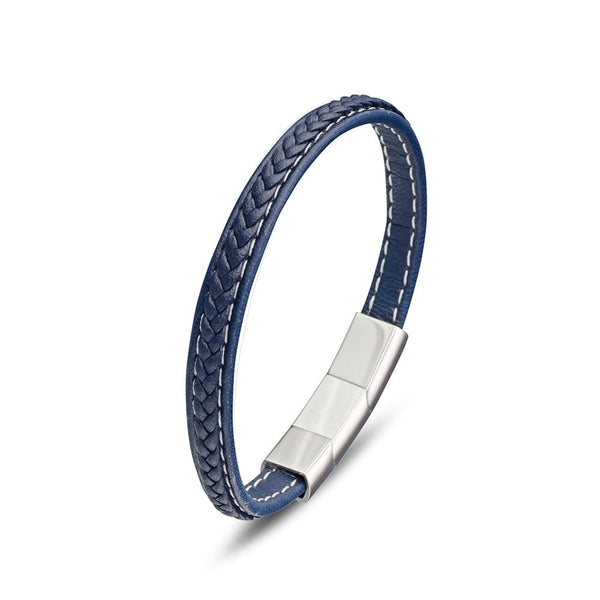 Stainless Steel Men’s Blue Leather Bracelet