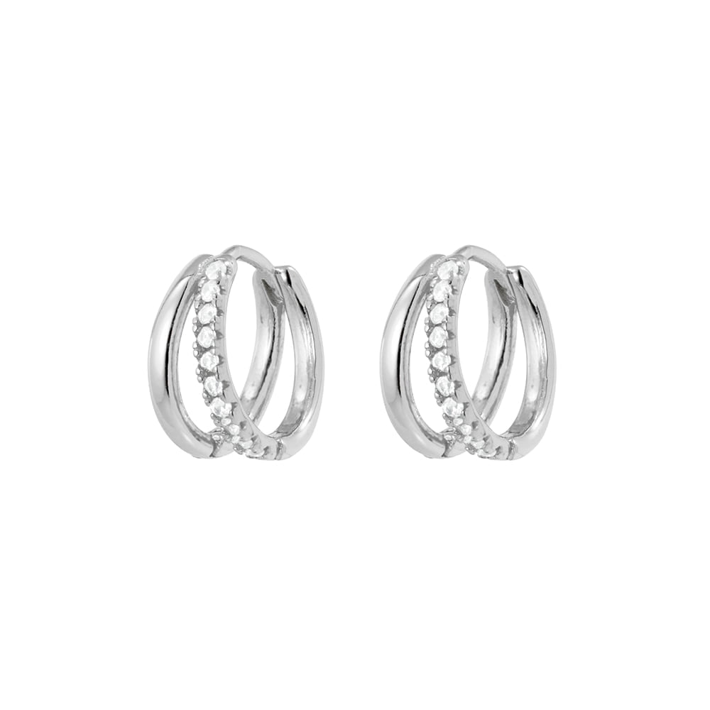 Double Hoop Huggie Earrings With CZ Detail