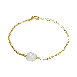 Gold Baroque Pearl Bracelet With Paperclip & Curb Link