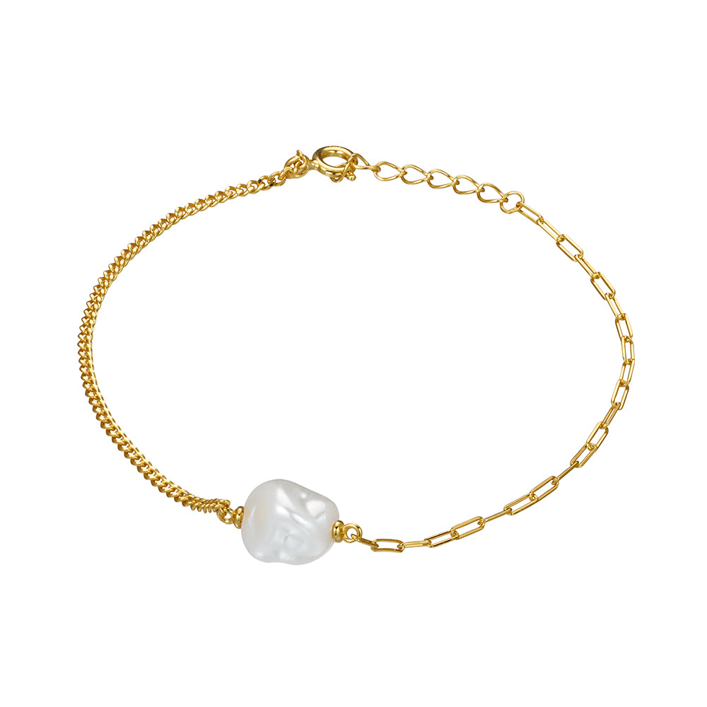 Gold Baroque Pearl Bracelet With Paperclip & Curb Link