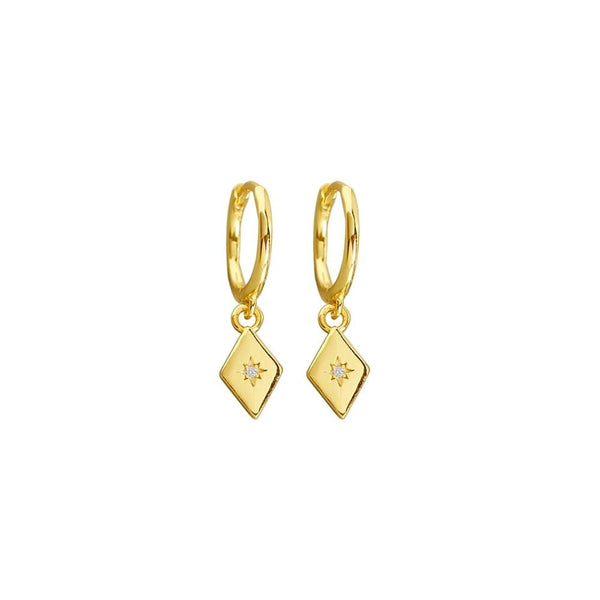 Gold Diamond Shape Drop Cz Huggie Earrings