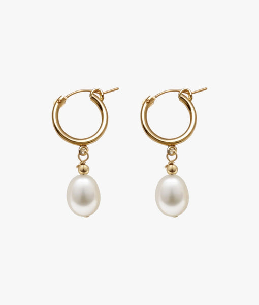 Gold Pearl Drop Hoop Earrings