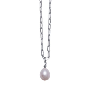 Paper Clip Necklace With Oval Pearl.