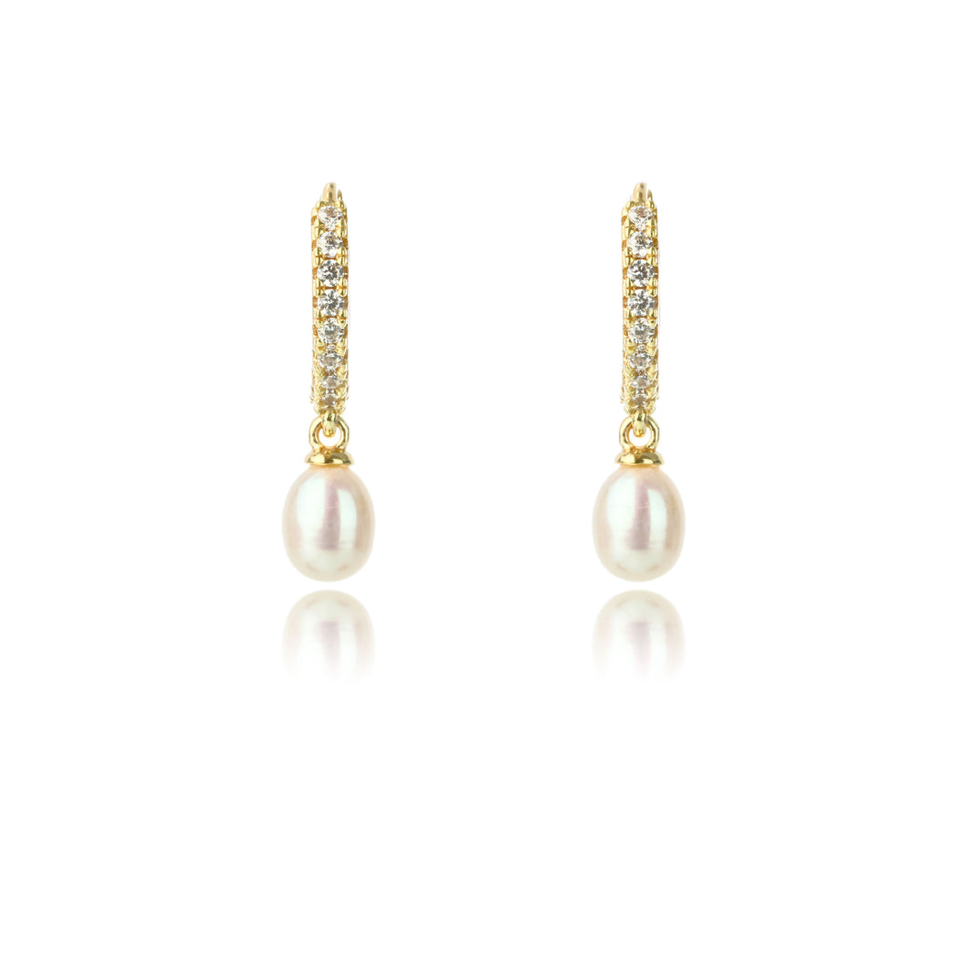 Gold Bondi Pearl & Cz Drop Huggie Earrings