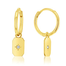Load image into Gallery viewer, Gold Huggie Earrings With Sliding Rectangle Cz Drop
