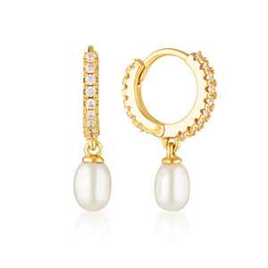 Gold Bondi Pearl & Cz Drop Huggie Earrings