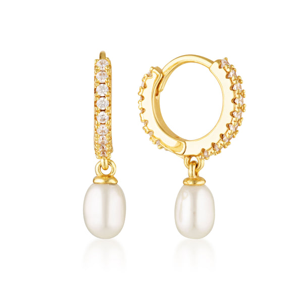 Gold Bondi Pearl & Cz Drop Huggie Earrings