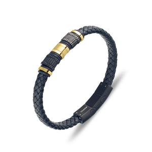 Black Leather Bracelet With Gold Steel Detailing