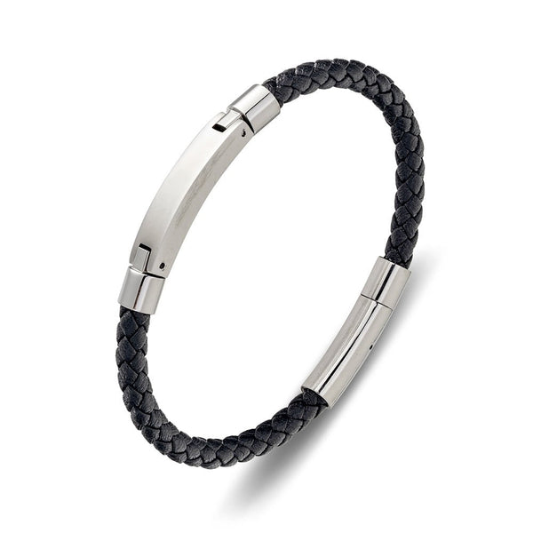 Stainless Steel Men’s Black Leather Bracelet With Steel Id Bar