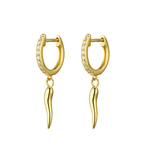 Gold Plate Cornicello Charm Drop Cz Huggie Earrings