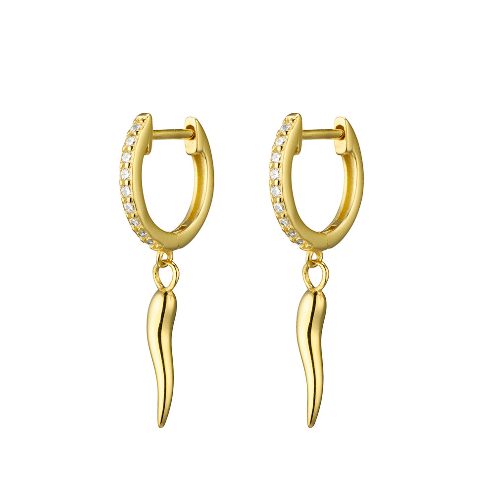 Gold Plate Cornicello Charm Drop Cz Huggie Earrings