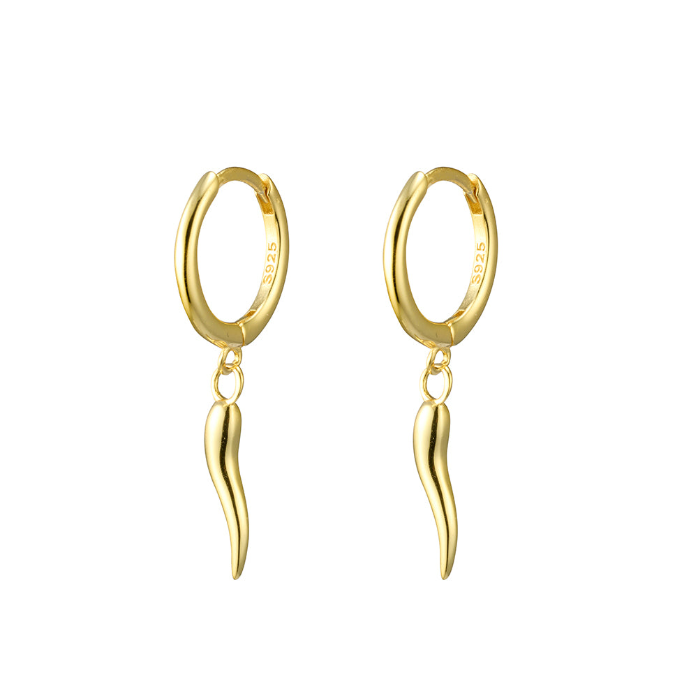 Gold Plate Cornicello Charm Drop Huggies