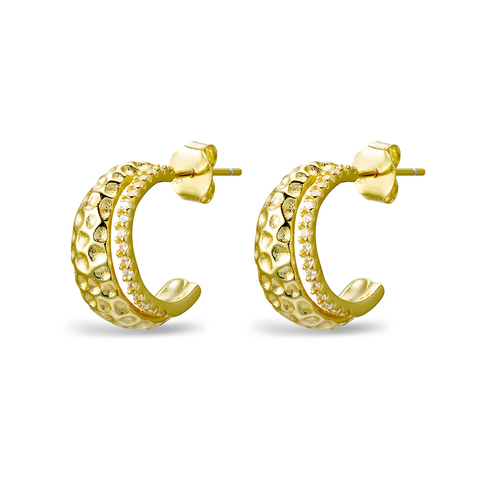 Gold Hammered Hoops With CZ Detail