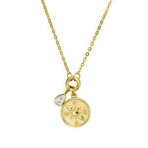 Gold Compass & Cz Teardrop Necklace