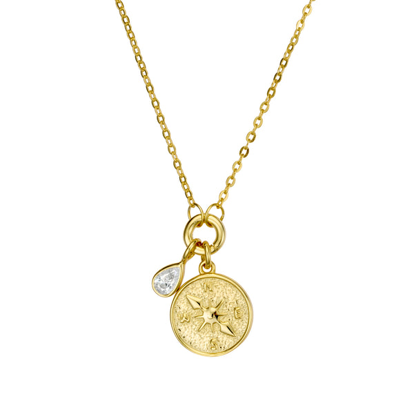 Gold Compass & Cz Teardrop Necklace