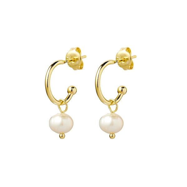 Gold Half Hoop Earrings With Freshwater Pearl Drop