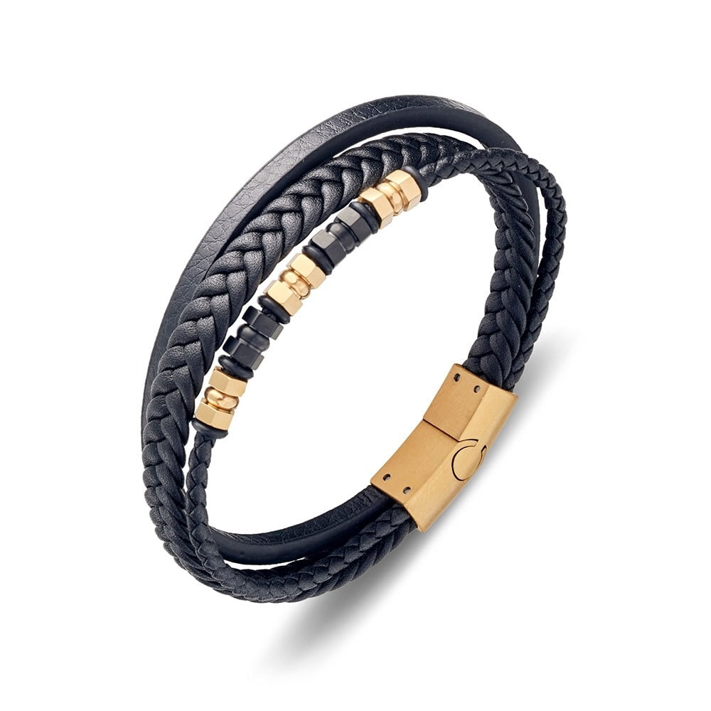 Stainless Steel Men’s Leather Triple Bracelet With Gold Detailing