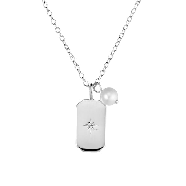 Rectangle Pendant Featuring CZ & Floating Pearl Neclace