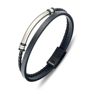 Stainless steel men’s black double leather bracelet