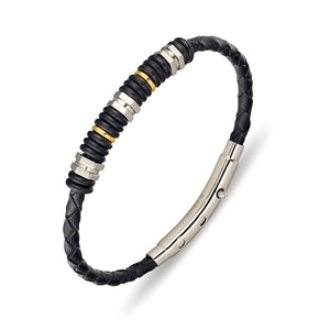 Stainless Steel Men’s Leather Bracelet With Gold & Silver Detail