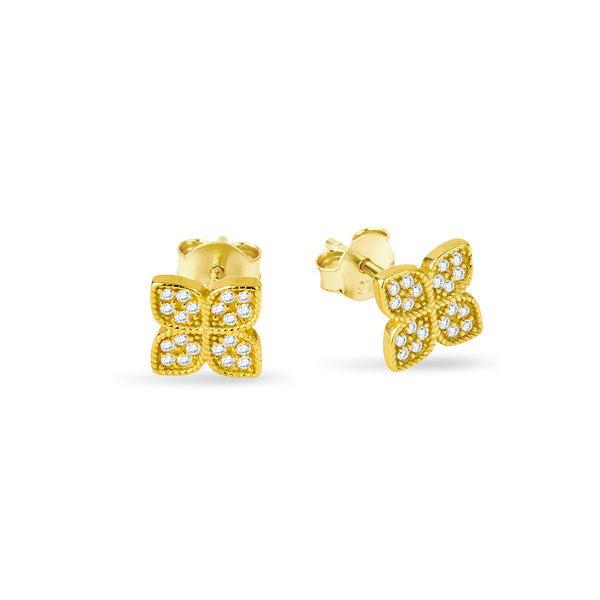 Gold Plate Pavé Flower Stud Earrings