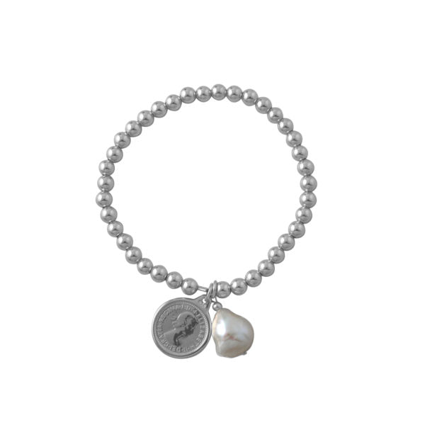 Stretchy Ball Bracelet With Threepence & Baroque Pearl