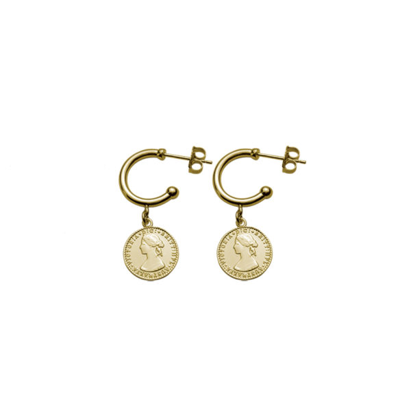 Gold Open Hoop Studs with Mini Coin