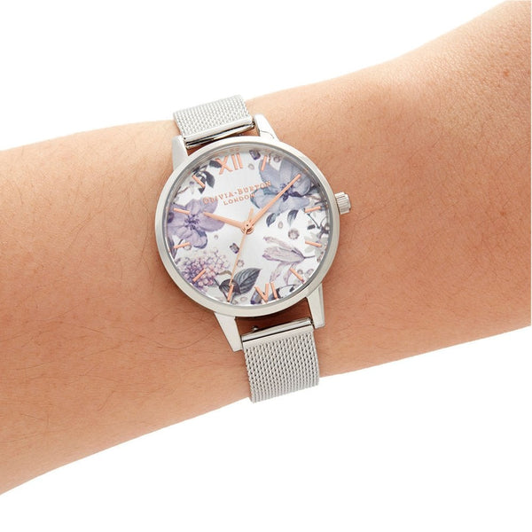 Hand-Illustrated Floral Silver Mesh Watch