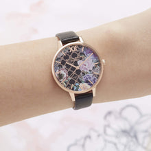 Load image into Gallery viewer, Hand Illustrated Floral Print Black &amp; Rose Gold Watch
