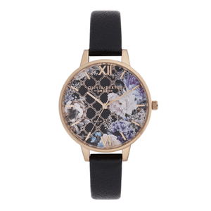Hand Illustrated Floral Print Black & Rose Gold Watch